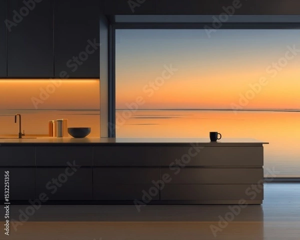 Fototapeta A warm-lit minimalist kitchen at sunrise, featuring a single mug on the counter, reflecting the morning sky for a peaceful start to the day.