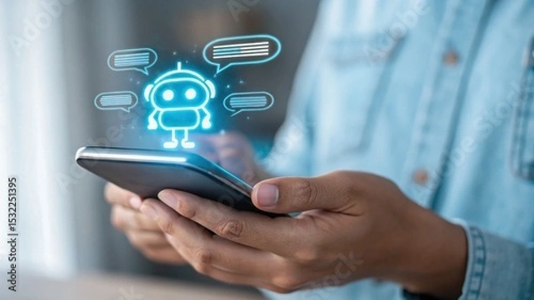 Fototapeta businessman using smartphone, Confident male manager browsing internet on mobile phone, Cheerful executive using AI chatbot, Manager interacting with AI chatbot, smart application in working space