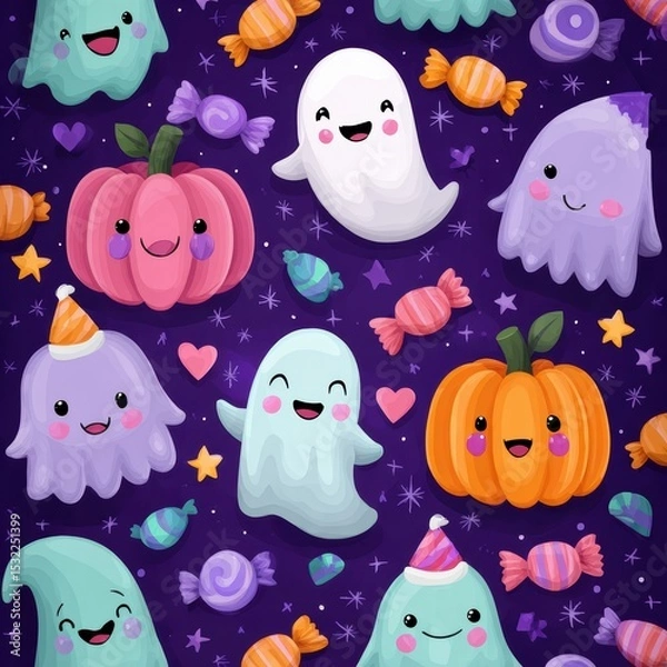 Fototapeta A whimsical Halloween pattern featuring cute pastel ghosts, smiling pumpkins, candy, and stars against a dreamy lavender night sky.