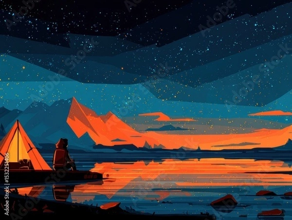 Fototapeta A woman enjoys solitude while camping next to a tranquil mountain lake, with a glowing tent under a starry sky and moonlit reflections.