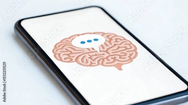 Obraz smartphone screen displays brain illustration with chat bubble, symbolizing communication or AI-powered conversation.