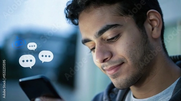 Obraz businessman using smartphone, Confident male manager browsing internet on mobile phone, Cheerful executive using AI chatbot, Manager interacting with AI chatbot, smart application in working space
