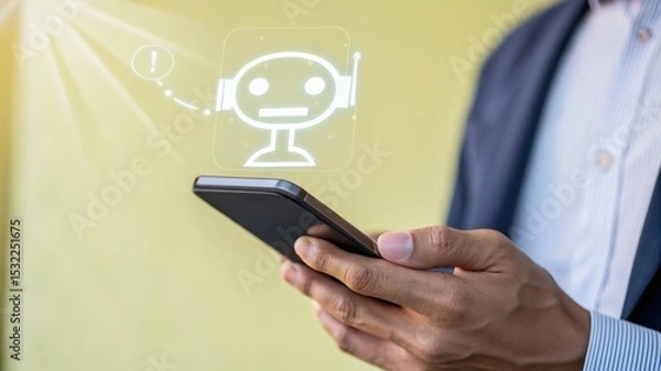 Obraz businessman using smartphone, Confident male manager browsing internet on mobile phone, Cheerful executive using AI chatbot, Manager interacting with AI chatbot, smart application in working space