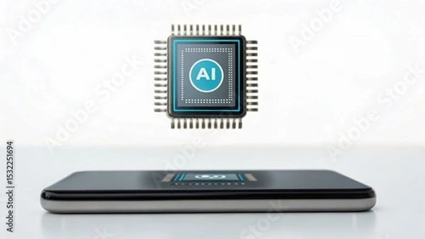 Obraz microchip labeled "AI" hovers above smartphone, symbolizing artificial intelligence integration in mobile technology.