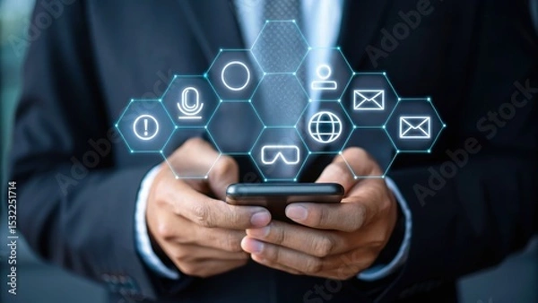 Obraz businessman using smartphone, Confident male manager browsing internet on mobile phone, Cheerful executive using AI chatbot, Manager interacting with AI chatbot, smart application in working space