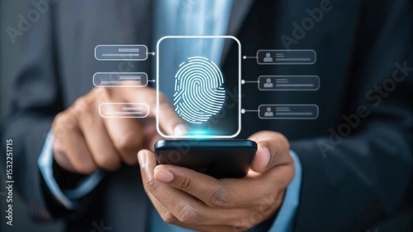 Obraz businessman using smartphone, Confident male manager browsing internet on mobile phone, Cheerful executive using AI chatbot, Manager interacting with AI chatbot, smart application in working space