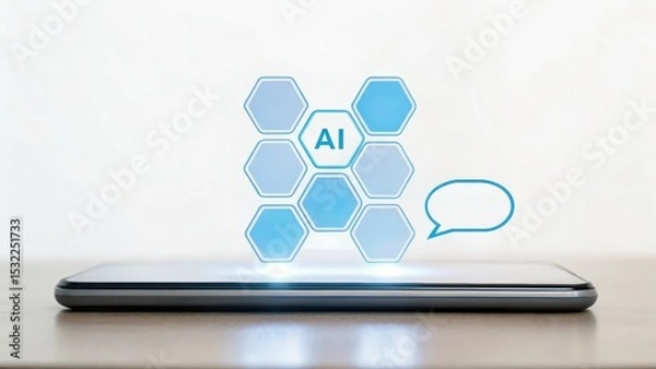 Obraz A smartphone displays a holographic AI interface with hexagonal shapes, symbolizing artificial intelligence and futuristic technology.