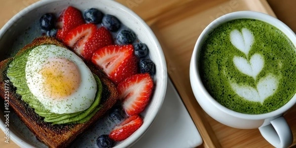 Fototapeta Experience a picturesque breakfast setting featuring colorful smoothie bowl, avocado toast, and matcha artfully arranged with natural textures.