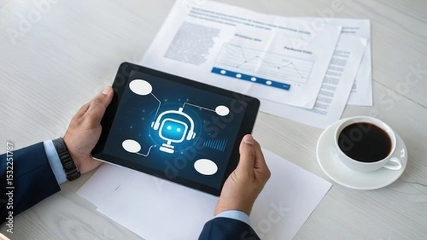 Fototapeta Confident male manager browsing internet on tablet, Cheerful executive using AI chatbot, businessman using tablet, Manager interacting with AI chatbot, smart application in working space