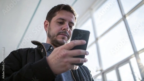 Fototapeta businessman using smartphone, Confident male manager browsing internet on mobile phone, Cheerful executive using AI chatbot, Manager interacting with AI chatbot, smart application in working space