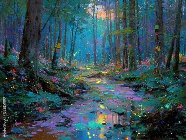 Fototapeta Explore a magical forest trail adorned with pastel signs, sparkling footprints, and soft glowing orbs illuminating the enchanting path.