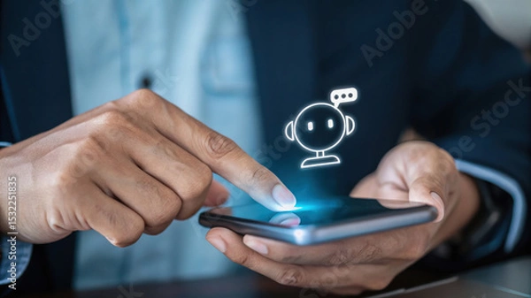 Obraz businessman using smartphone, Confident male manager browsing internet on mobile phone, Cheerful executive using AI chatbot, Manager interacting with AI chatbot, smart application in working space