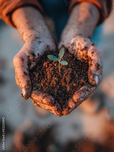 Fototapeta Hands cradling rich soil with a small sprouting plant symbolize hope for the environment in earthy tones and soft light.