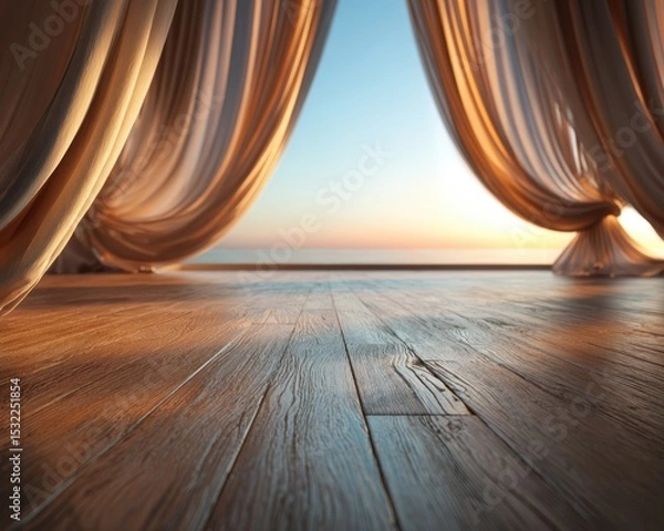 Fototapeta Serene indoor yoga practice by a large window, featuring flowing drapes, warm wooden floors, and a calming atmosphere with soft music.