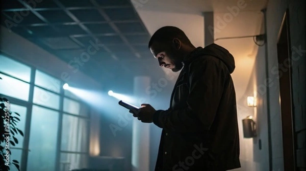 Obraz businessman using smartphone, Confident male manager browsing internet on mobile phone, Cheerful executive using AI chatbot, Manager interacting with AI chatbot, smart application in working space