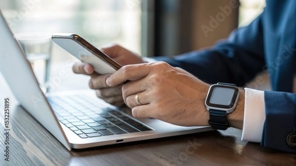 Obraz businessman using smartphone, Confident male manager browsing internet on mobile phone, Cheerful executive using AI chatbot, Manager interacting with AI chatbot, smart application in working space