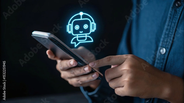 Obraz businessman using smartphone, Confident male manager browsing internet on mobile phone, Cheerful executive using AI chatbot, Manager interacting with AI chatbot, smart application in working space