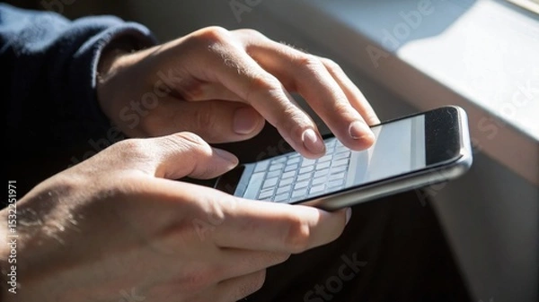 Obraz businessman using smartphone, Confident male manager browsing internet on mobile phone, Cheerful executive using AI chatbot, Manager interacting with AI chatbot, smart application in working space