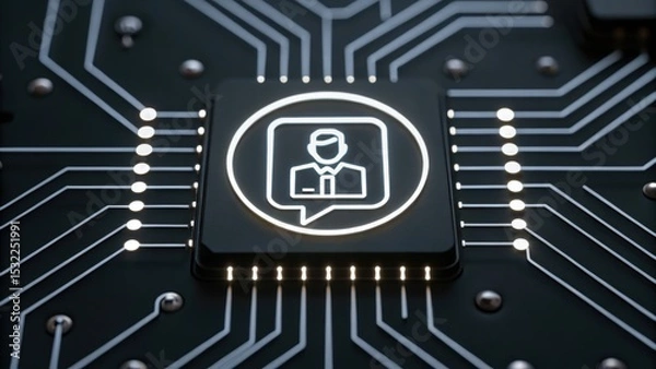 Fototapeta A microchip features a glowing icon of a person in a speech bubble, symbolizing digital communication and AI integration.