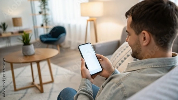 Obraz businessman using smartphone, Confident male manager browsing internet on mobile phone, Cheerful executive using AI chatbot, Manager interacting with AI chatbot, smart application in working space