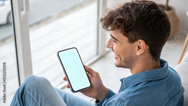 Obraz Confident male manager browsing internet on mobile phone, Cheerful executive using AI chatbot, businessman using smartphone, Manager interacting with AI chatbot, smart application in working space