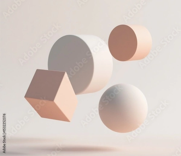 Fototapeta Generative ai image of 3D geometric shapes floating on light background, soft shadows
