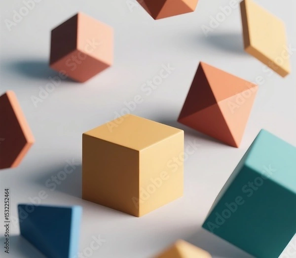 Fototapeta Generative ai image of 3D geometric shapes floating on light background, soft shadows