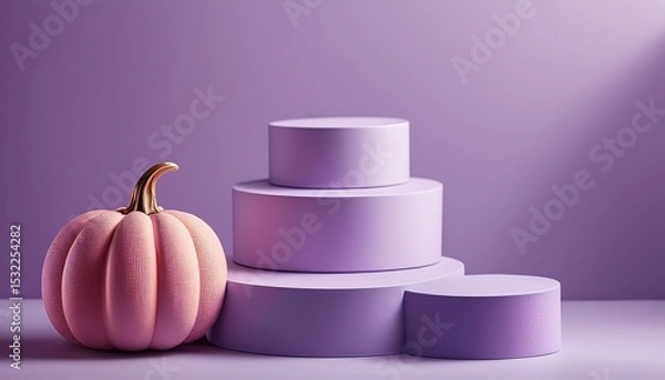 Obraz Halloween display concept. Pale Lilac empty podiums on lilac background with lilac and pink halloween pumpkins. Generated image