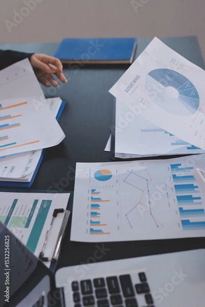 Fototapeta Team of business people working together in the meeting room office,
teamwork background charts and graphs banner, double exposure successful teamwork,business planning concept.