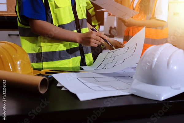 Fototapeta Closeup of team of industrial engineers meeting analyze machinery blueprints consult project on table in manufacturing factory. Working in manufacturing plant or production plant.