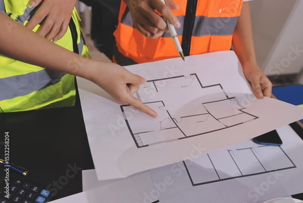 Fototapeta Closeup of team of industrial engineers meeting analyze machinery blueprints consult project on table in manufacturing factory. Working in manufacturing plant or production plant.