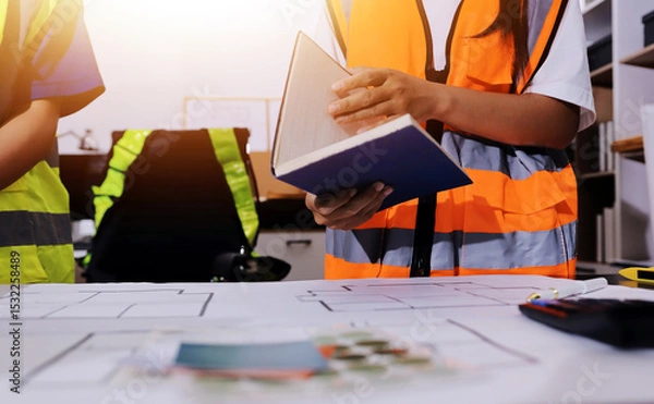 Fototapeta Closeup of team of industrial engineers meeting analyze machinery blueprints consult project on table in manufacturing factory. Working in manufacturing plant or production plant.