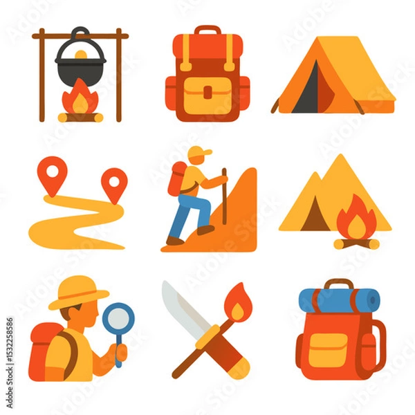Obraz Camping and hiking icons for adventurous outdoor activities. Perfect for creating invitations, posters, and websites for outdoor enthusiasts.