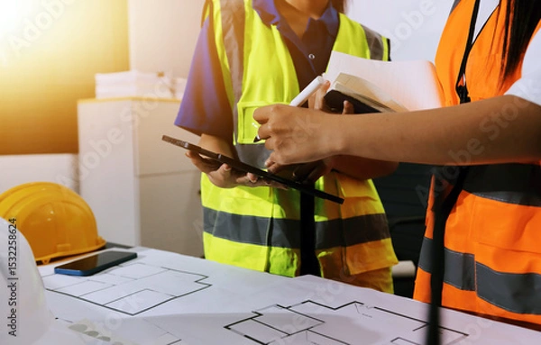 Fototapeta Closeup of team of industrial engineers meeting analyze machinery blueprints consult project on table in manufacturing factory. Working in manufacturing plant or production plant.