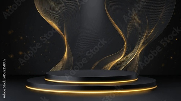 Obraz podium on black background with flowing gold and soft luxury light
