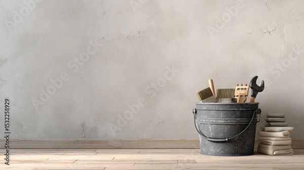 Obraz bucket of tools placed next to damaged wall, soft neutral palette