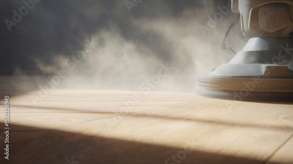 Obraz wooden floor being sanded by machine, fine dust particles