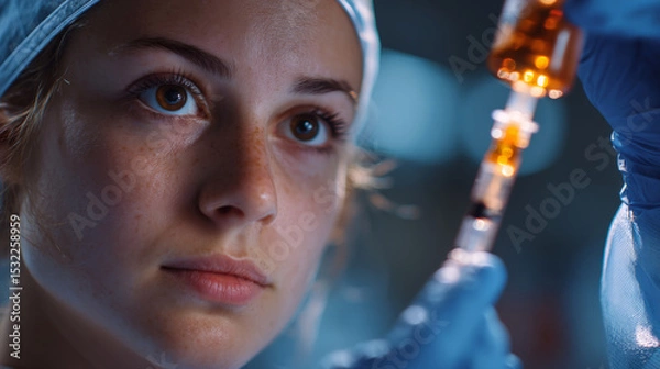 Obraz Nurse installing IV drip, close-up on gloved hands, clean hospital environment