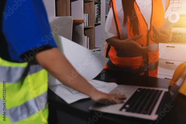 Fototapeta Closeup of team of industrial engineers meeting analyze machinery blueprints consult project on table in manufacturing factory. Working in manufacturing plant or production plant.