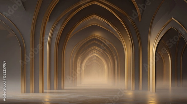 Obraz Infinity arch hallway, symmetrical 3D arches in muted gold fading into soft fog