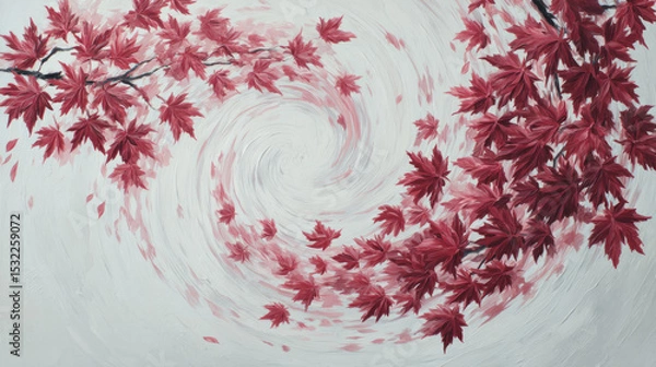 Obraz abstract leaf movement concept, dynamic swirl of maple leaves on white textured background