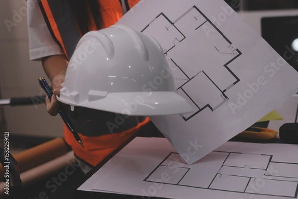 Fototapeta Closeup of team of industrial engineers meeting analyze machinery blueprints consult project on table in manufacturing factory. Working in manufacturing plant or production plant.