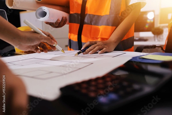 Fototapeta Closeup of team of industrial engineers meeting analyze machinery blueprints consult project on table in manufacturing factory. Working in manufacturing plant or production plant.