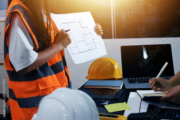 Fototapeta Closeup of team of industrial engineers meeting analyze machinery blueprints consult project on table in manufacturing factory. Working in manufacturing plant or production plant.