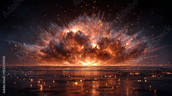 Obraz energetic explosion moment, flame burst spreading outward with glowing particles suspended in air