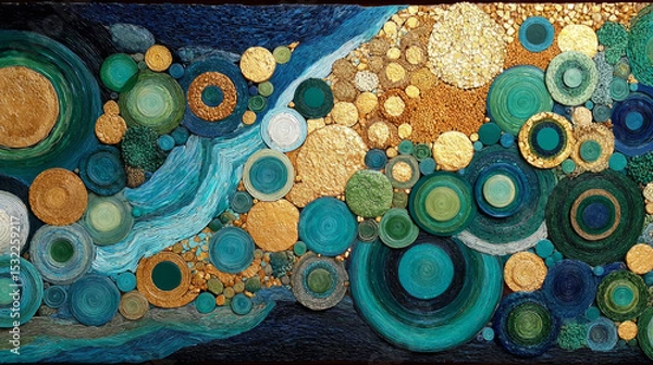 Obraz fluid abstract mosaic, golden, blue and green circular tiles flowing like water over