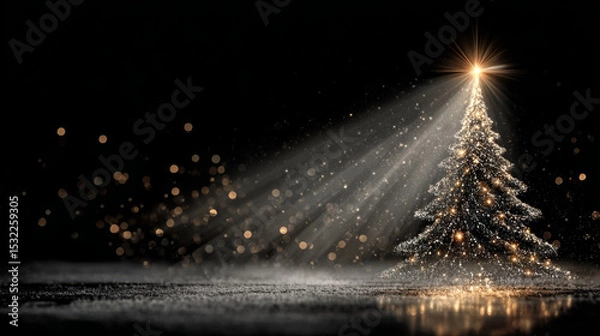 Obraz rich festive scene glowing golden star atop silver tree made of luminous dust, surrounded by radiating sparkles Happy New Year