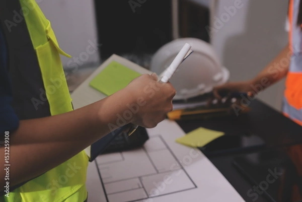 Fototapeta Closeup of team of industrial engineers meeting analyze machinery blueprints consult project on table in manufacturing factory. Working in manufacturing plant or production plant.