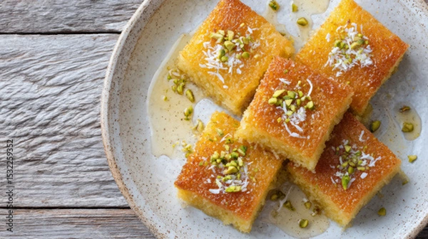 Obraz top view, plate of freshly baked basbousa squares with coconut flakes and syrup glistening