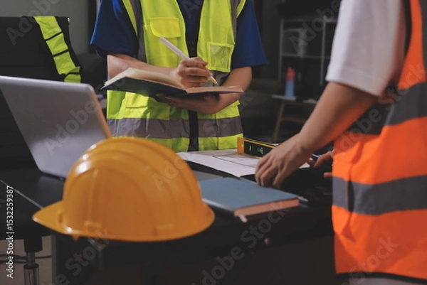 Fototapeta Closeup of team of industrial engineers meeting analyze machinery blueprints consult project on table in manufacturing factory. Working in manufacturing plant or production plant.